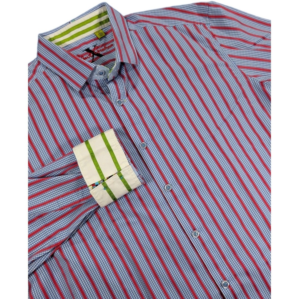 Robert Graham Shirt Mens XXL Blue Red Striped Gingham Tailored Cotton Flip Cuff